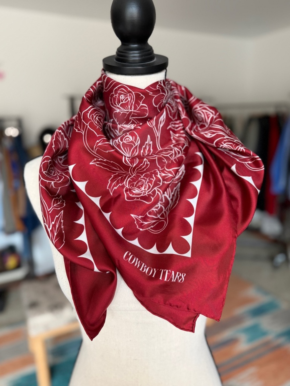 Red Silk Scarf with White Floral Design
